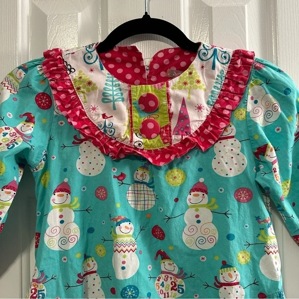 Jelly The Pug Snowman Holiday Ruffle Dress 100% Cotton Girls Size 8 - Picture 4 of 7